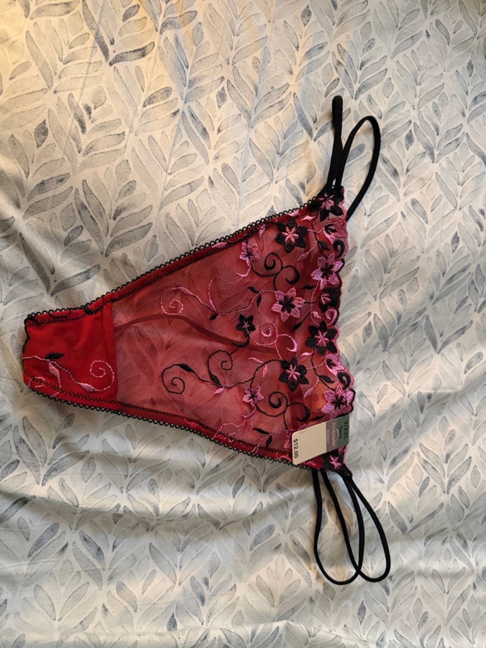 Ambrielle Sheer Red & Pink Floral Embroidered Lace Thong